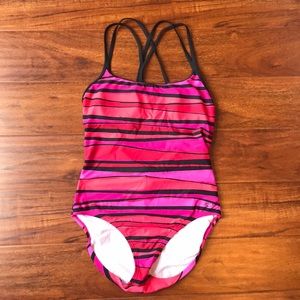Stripped Speedo one piece bathing suit.
